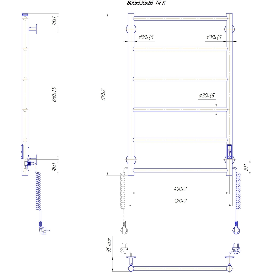 Θερμαντικό σώμα-σκάλα για μπάνιο CLASSIC 110W/230V 81x52 cm, ανοξείδωτο/μαύρο, δεξιό