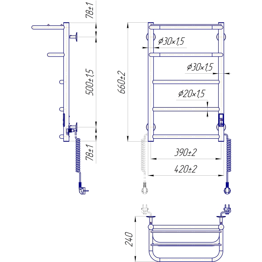 Θερμαντικό σώμα-σκάλα για μπάνιο HOTEL, 75W/230V, 66x42 cm, ανοξείδωτο/χρώμιο, δεξιά