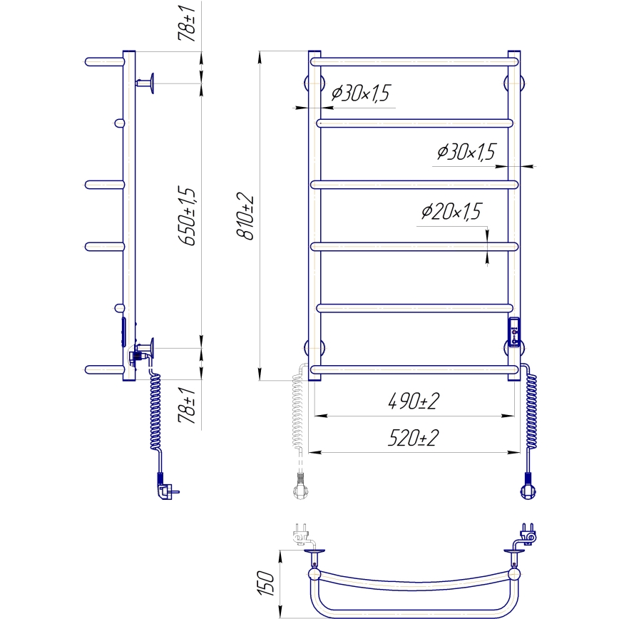 Θερμαντικό σώμα-σκάλα μπάνιου LUX 105W/230V 81x52 cm ανοξείδωτο/μαύρο δεξιά