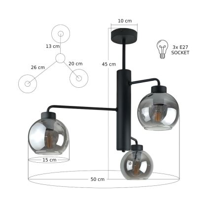 Κρεμαστό φωτιστικό FLEX 3xE27/60W/230V μαύρο/φιμέ μαύρο