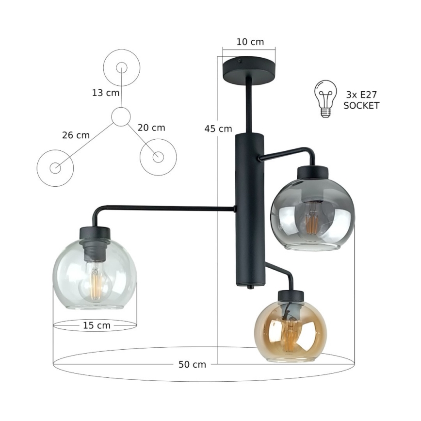 Κρεμαστό φωτιστικό FLEX 3xE27/60W/230V μαύρο/φιμέ μαύρο/φιμέ μπεζ/διαφανή