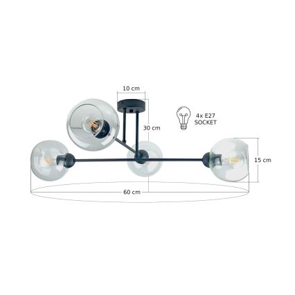 Κρεμαστό φωτιστικό VASCO 4xE27/60W/230V μαύρο/διαφανές