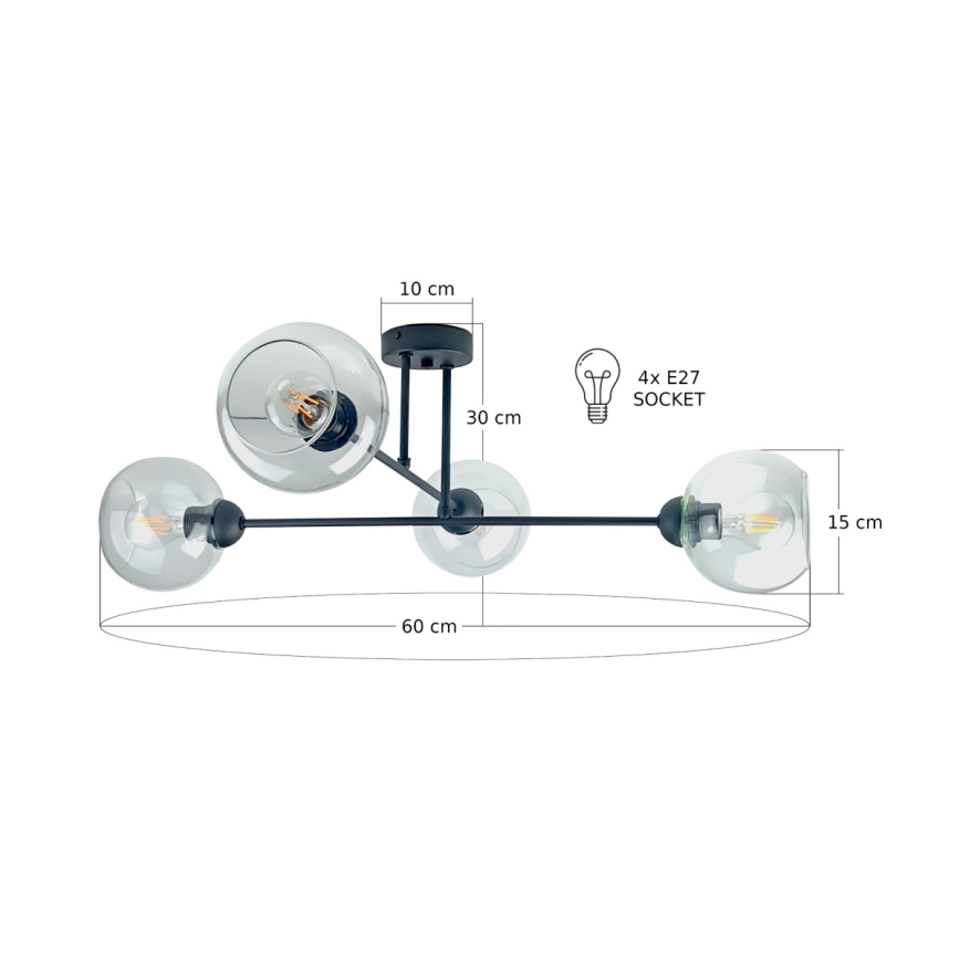 Κρεμαστό φωτιστικό VASCO 4xE27/60W/230V μαύρο/διαφανές