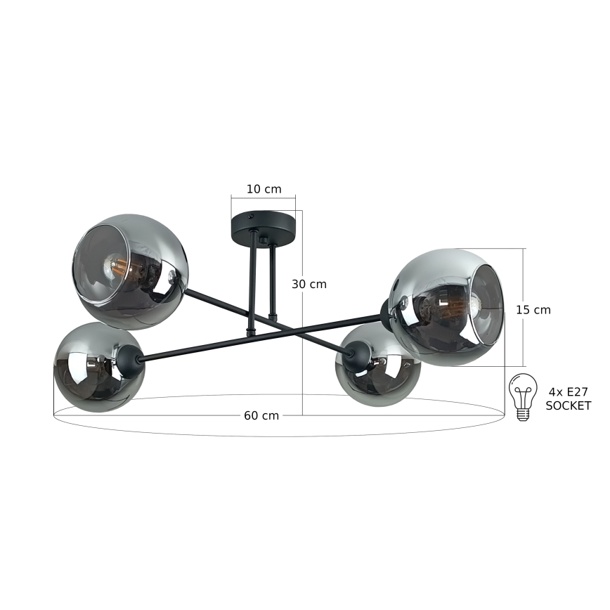 Κρεμαστό φωτιστικό VASCO 4xE27/60W/230V μαύρο/φιμέ μαύρο