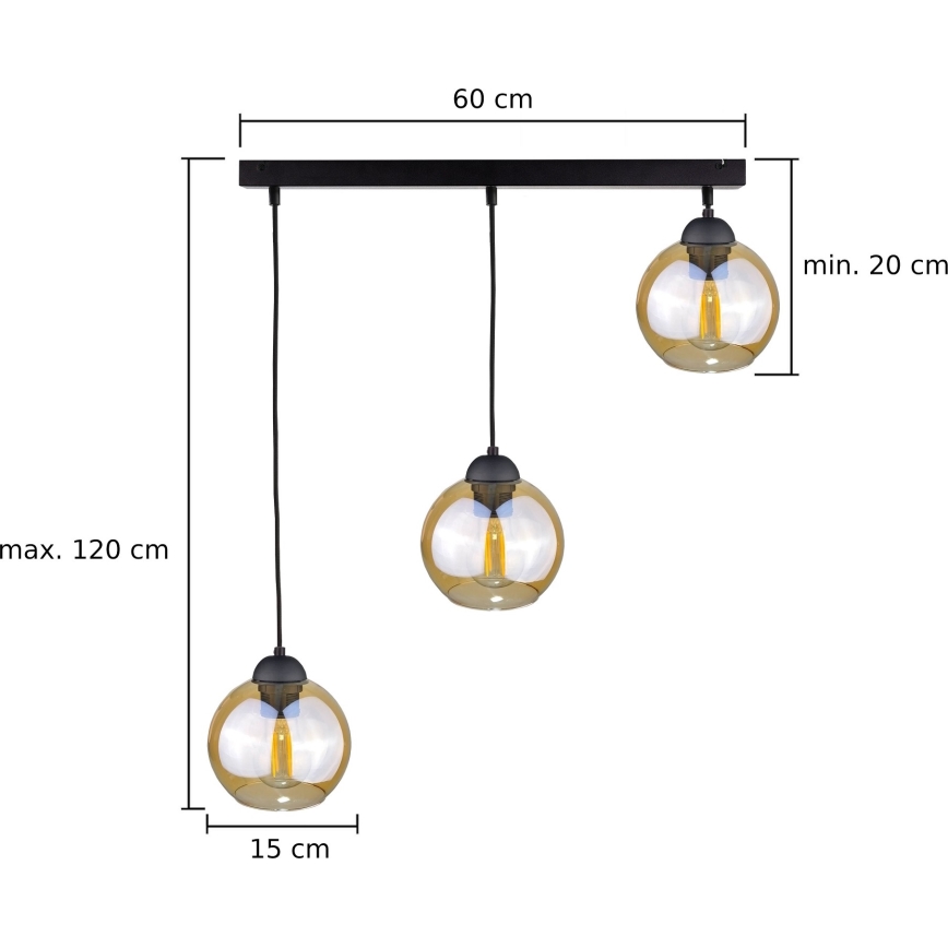 Κρεμαστό φωτιστικό οροφής AMBRE BLACK 3xE27/60W/230V μαύρο/φιμέ καφέ