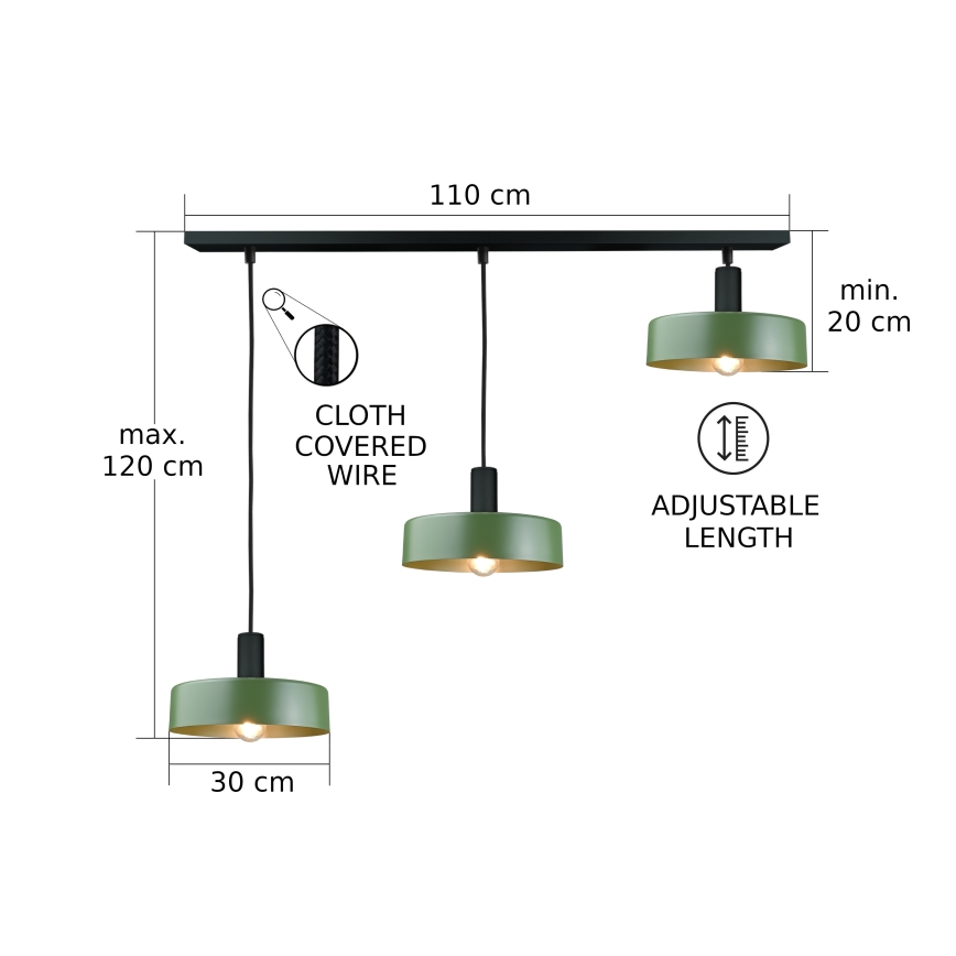 Κρεμαστό φωτιστικό οροφής HAKI 3xE27/60W/230V πράσινο/μαύρο