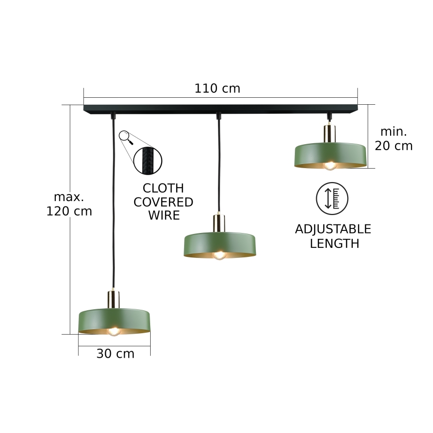 Κρεμαστό φωτιστικό οροφής HAKI 3xE27/60W/230V πράσινο/μαύρο/γυαλιστερό χρώμιο