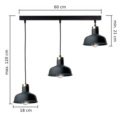 Κρεμαστό φωτιστικό οροφής HEBE 3xE27/60W/230V μαύρο
