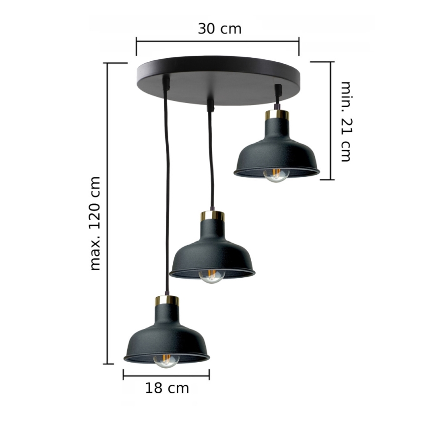 Κρεμαστό φωτιστικό οροφής HEBE 3xE27/60W/230V μαύρο