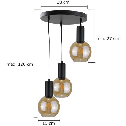 Κρεμαστό φωτιστικό οροφής JANTAR BLACK 3xE27/60W/230V διάμετρος 30 cm