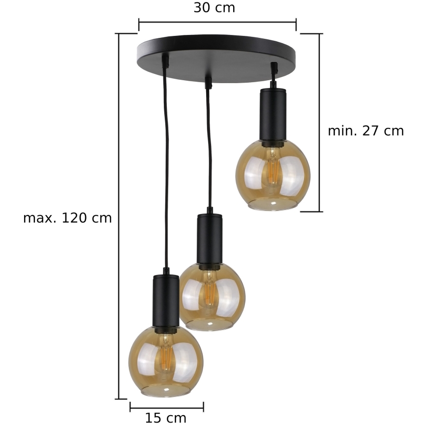 Κρεμαστό φωτιστικό οροφής JANTAR BLACK 3xE27/60W/230V διάμετρος 30 cm