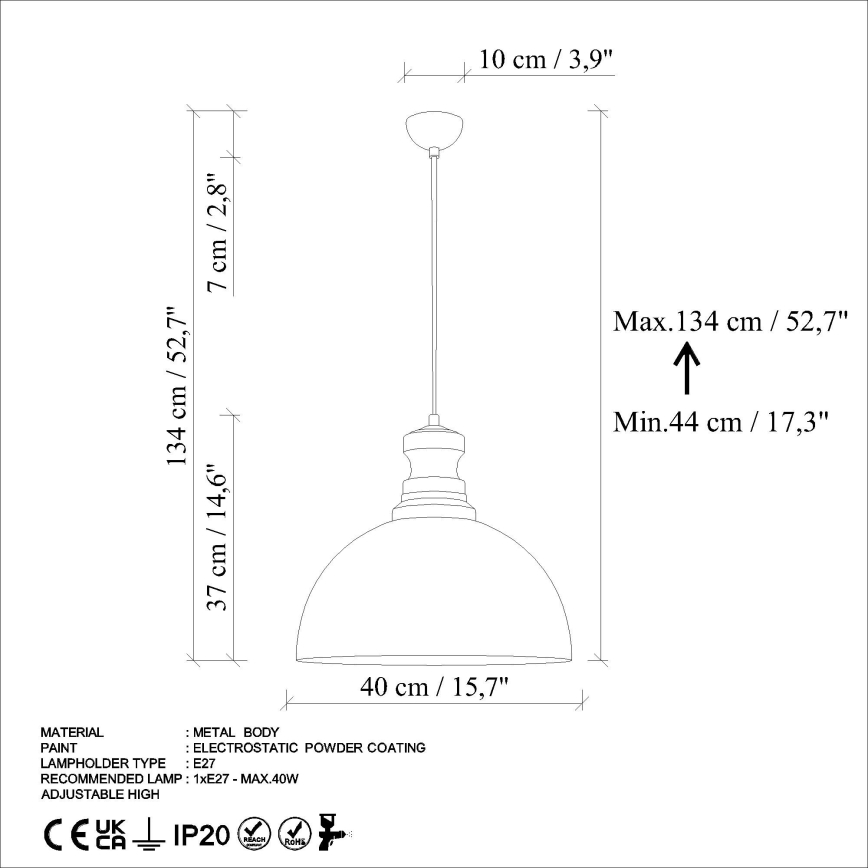 Κρεμαστό φωτιστικό οροφής KURE 1xE27/40W/230V διάμετρος 40 cm γκρι