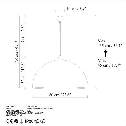 Κρεμαστό φωτιστικό οροφής KURE 1xE27/40W/230V διάμετρος 60 cm γκρι
