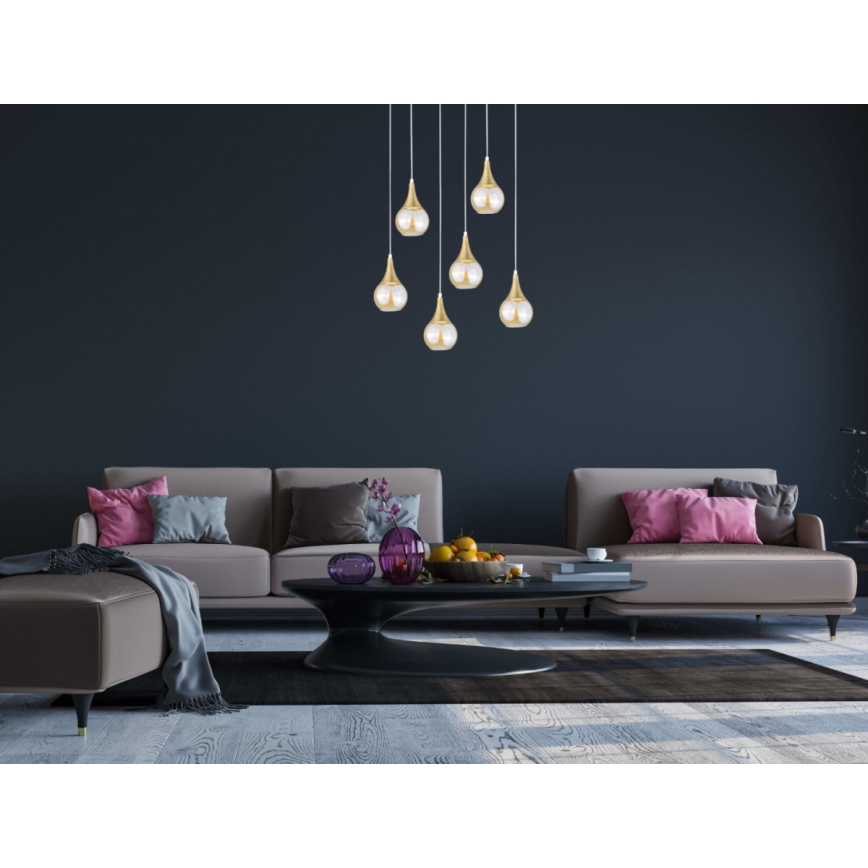 Κρεμαστό φωτιστικό οροφής LACRIMA HONEY 6xE27/60W/230V λευκό/χρυσό/φιμέ μπεζ