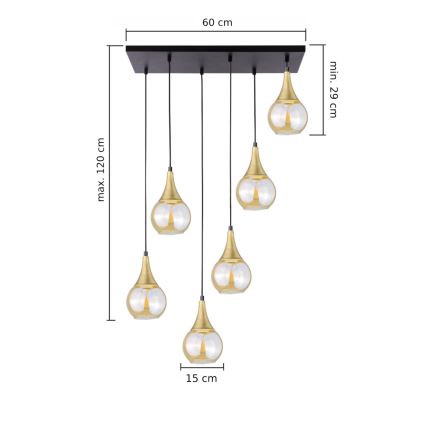 Κρεμαστό φωτιστικό οροφής LACRIMA HONEY 6xE27/60W/230V μαύρο/χρυσό/φιμέ μπεζ