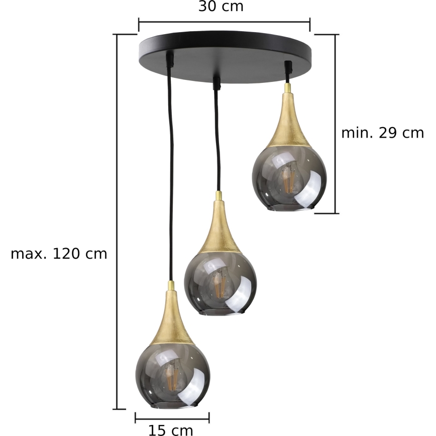 Κρεμαστό φωτιστικό οροφής LACRIMA SMOKY 3xE27/60W/230V διάμετρος 30 cm