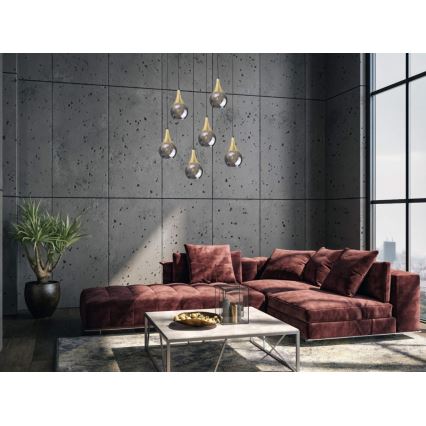 Κρεμαστό φωτιστικό οροφής LACRIMA SMOKY 6xE27/60W/230V μαύρο/χρυσό/φιμέ μαύρο