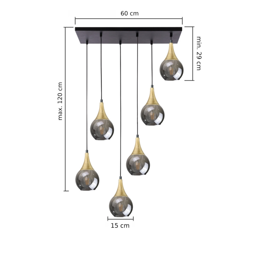 Κρεμαστό φωτιστικό οροφής LACRIMA SMOKY 6xE27/60W/230V μαύρο/χρυσό/φιμέ μαύρο