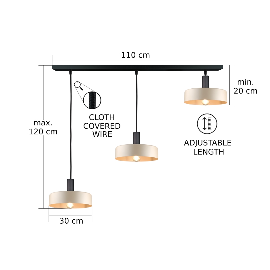 Κρεμαστό φωτιστικό οροφής LATTE 3xE27/60W/230V μπεζ/μαύρο
