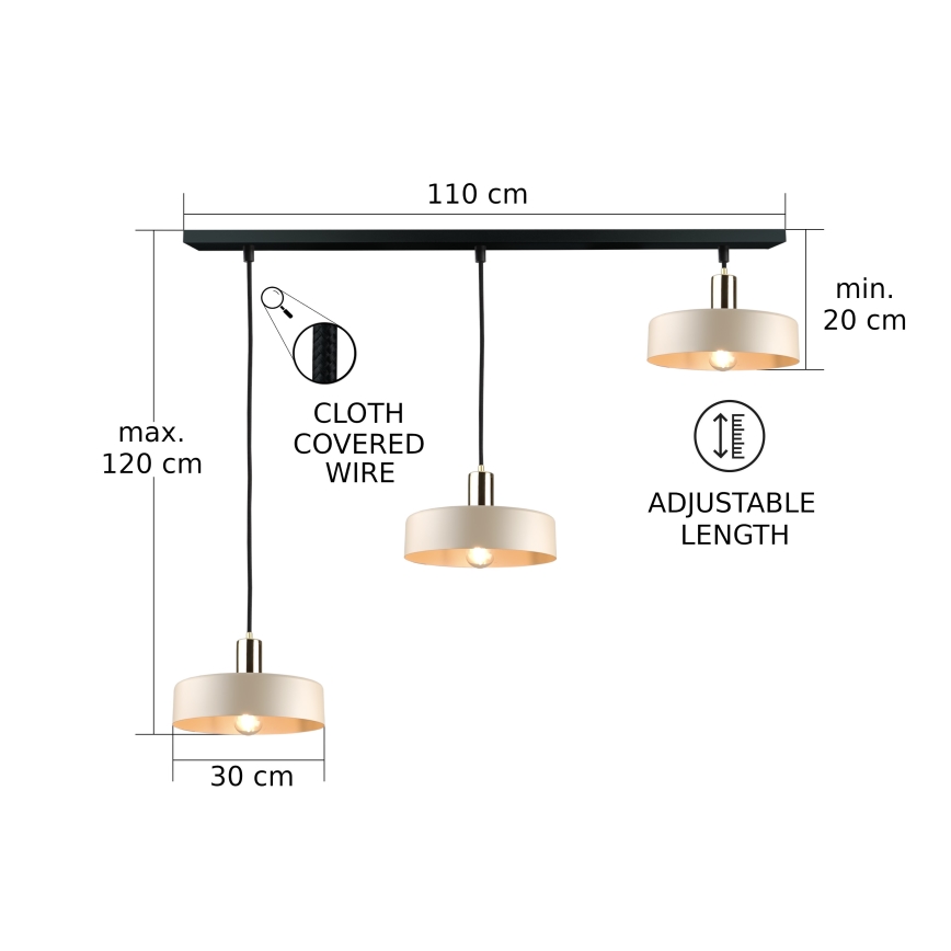 Κρεμαστό φωτιστικό οροφής LATTE 3xE27/60W/230V μπεζ/μαύρο/γυαλιστερό χρώμιο