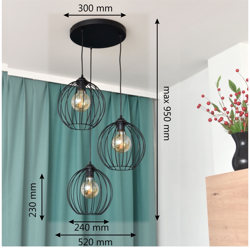 Κρεμαστό φωτιστικό οροφής LED MERCURE 3xE27/15W/230V ø 50 cm μαύρο