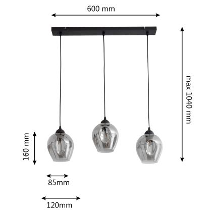 Κρεμαστό φωτιστικό οροφής LILI 3xE27/15W/230V μαύρο/γκρι