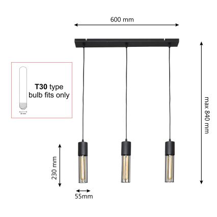 Κρεμαστό φωτιστικό οροφής MELODY 3xE27/15W/230V μαύρο