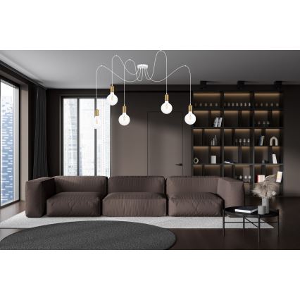 Κρεμαστό φωτιστικό οροφής MIROS 5xE27/60W/230V spider λευκό/χρυσό