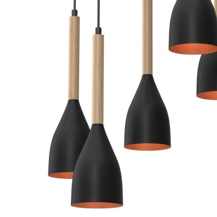 Κρεμαστό φωτιστικό οροφής MUZA 5xE27/15W/230V μαύρο/μπεζ/χαλκός/οξιά