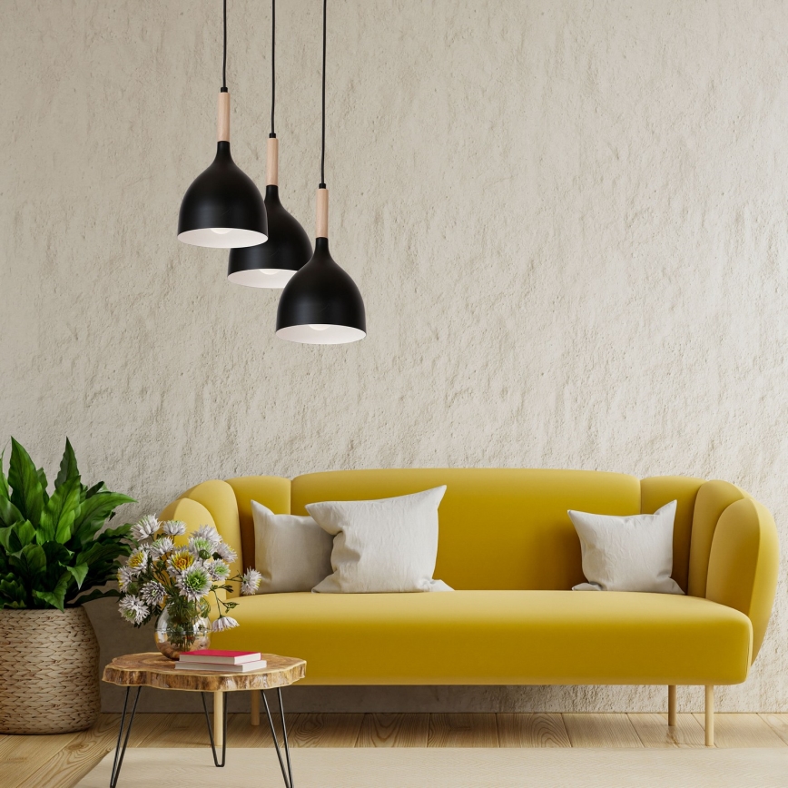Κρεμαστό φωτιστικό οροφής NOAK WOOD 3xE27/15W/230V μαύρο/οξιά