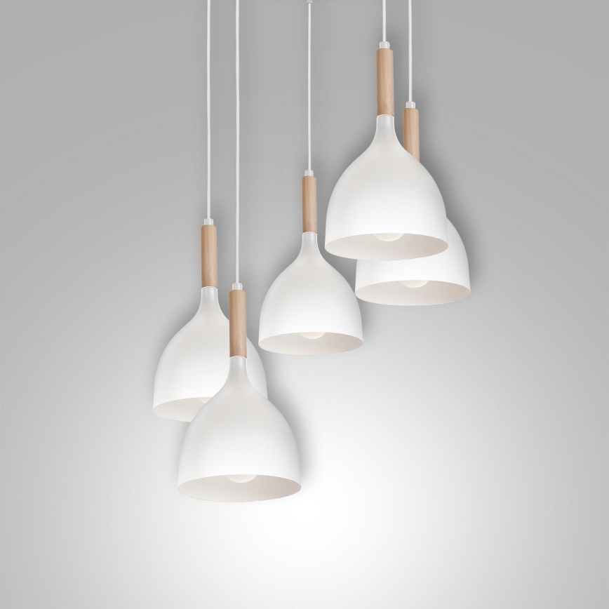 Κρεμαστό φωτιστικό οροφής NOAK WOOD 5xE27/15W/230V λευκό/οξιά