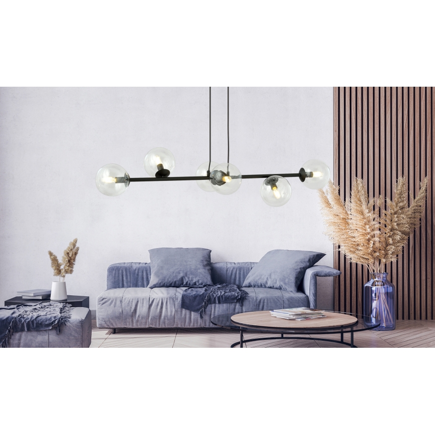 Κρεμαστό φωτιστικό οροφής ROSSI 6xE14/10W/230V μαύρο/γυάλινο