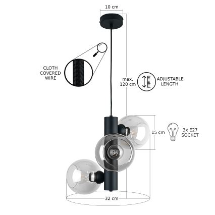 Κρεμαστό φωτιστικό οροφής TUBE 3xE27/60W/230V μαύρο/διαφανή