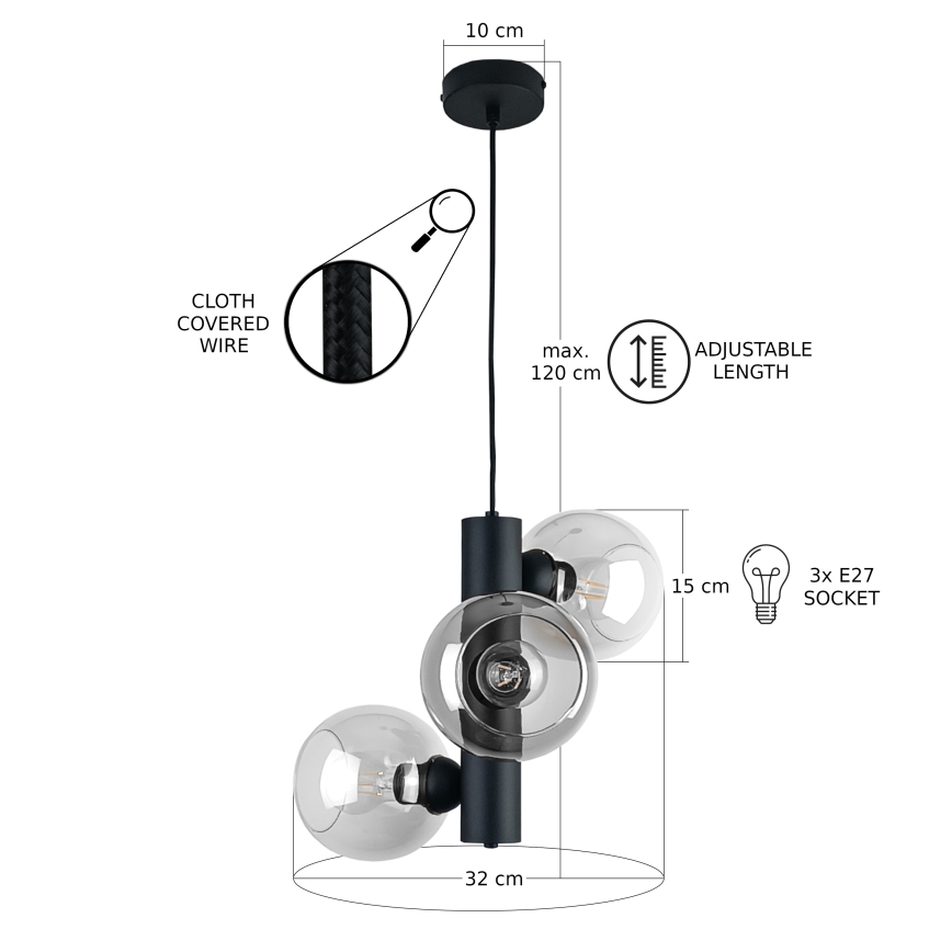 Κρεμαστό φωτιστικό οροφής TUBE 3xE27/60W/230V μαύρο/διαφανή