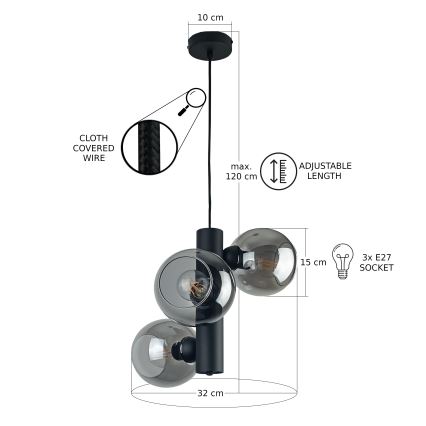 Κρεμαστό φωτιστικό οροφής TUBE 3xE27/60W/230V μαύρο/φιμέ μαύρο