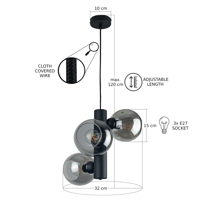 Κρεμαστό φωτιστικό οροφής TUBE 3xE27/60W/230V μαύρο/φιμέ μαύρο