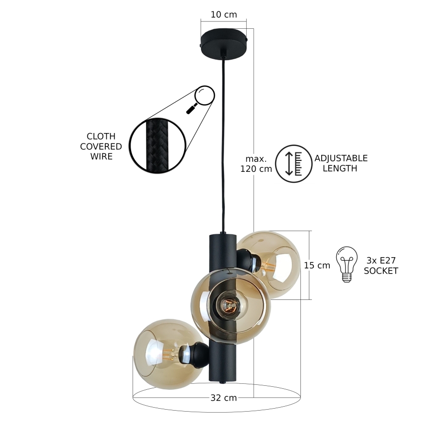 Κρεμαστό φωτιστικό οροφής TUBE 3xE27/60W/230V μαύρο/φιμέ μπεζ