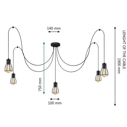 Κρεμαστό φωτιστικό οροφής TUBE 5xE27/15W/230V spider μαύρο