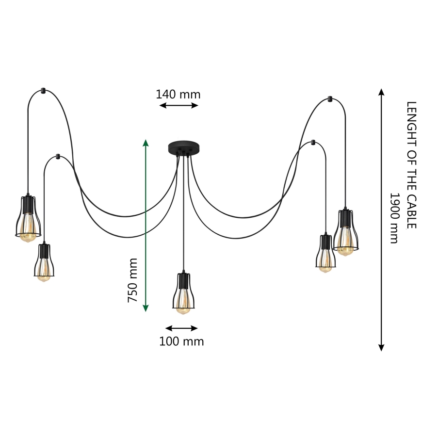 Κρεμαστό φωτιστικό οροφής TUBE 5xE27/15W/230V spider μαύρο