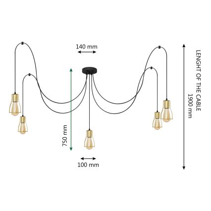 Κρεμαστό φωτιστικό οροφής TUBE 5xE27/15W/230V spider μαύρο/χρυσό