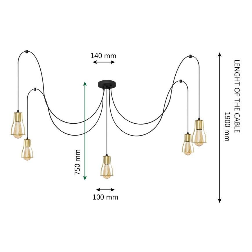 Κρεμαστό φωτιστικό οροφής TUBE 5xE27/15W/230V spider μαύρο/χρυσό