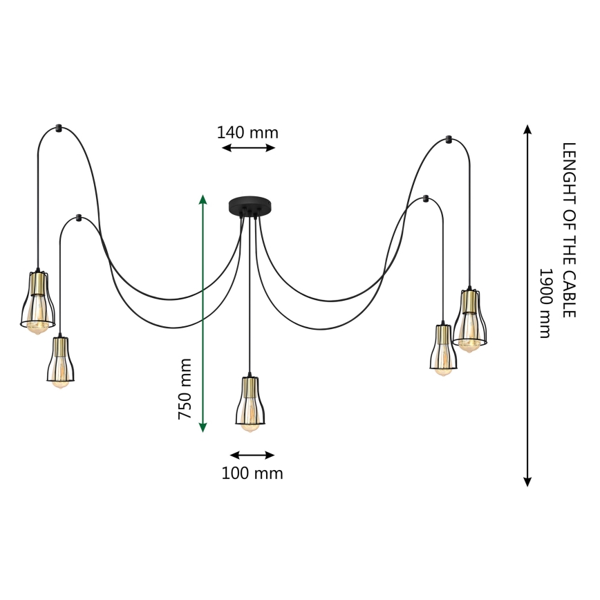 Κρεμαστό φωτιστικό οροφής TUBE 5xE27/15W/230V spider μαύρο/χρυσό
