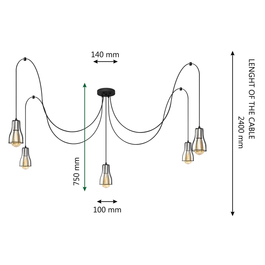 Κρεμαστό φωτιστικό οροφής TUBE LONG 5xE27/15W/230V μαύρο/γυαλιστερό χρώμιο