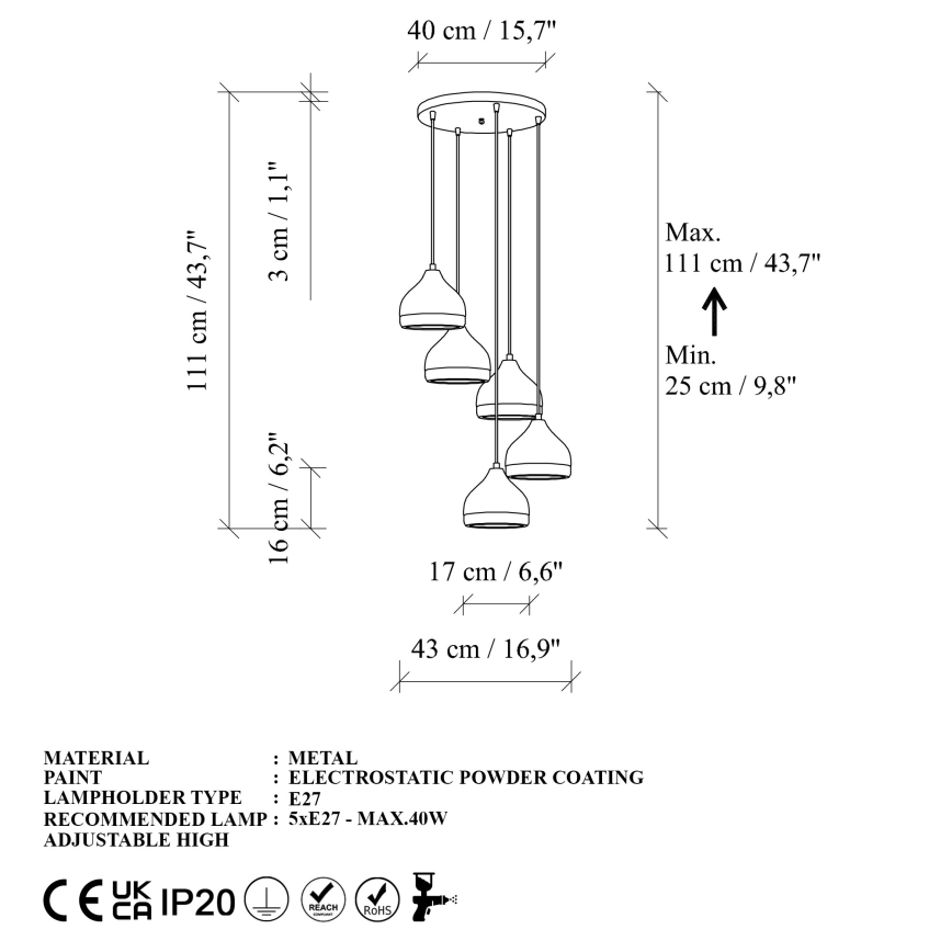 Κρεμαστό φωτιστικό οροφής YILDO 5xE27/40W/230V λευκό/χρυσό