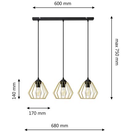 Κρεμαστό φωτιστικό οροφής ράγα AGAT 3xE27/15W/230V χρυσαφί/μαύρο