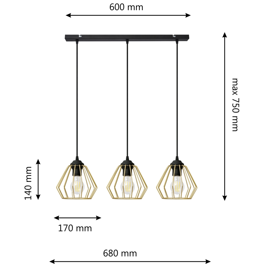 Κρεμαστό φωτιστικό οροφής ράγα AGAT 3xE27/15W/230V χρυσαφί/μαύρο