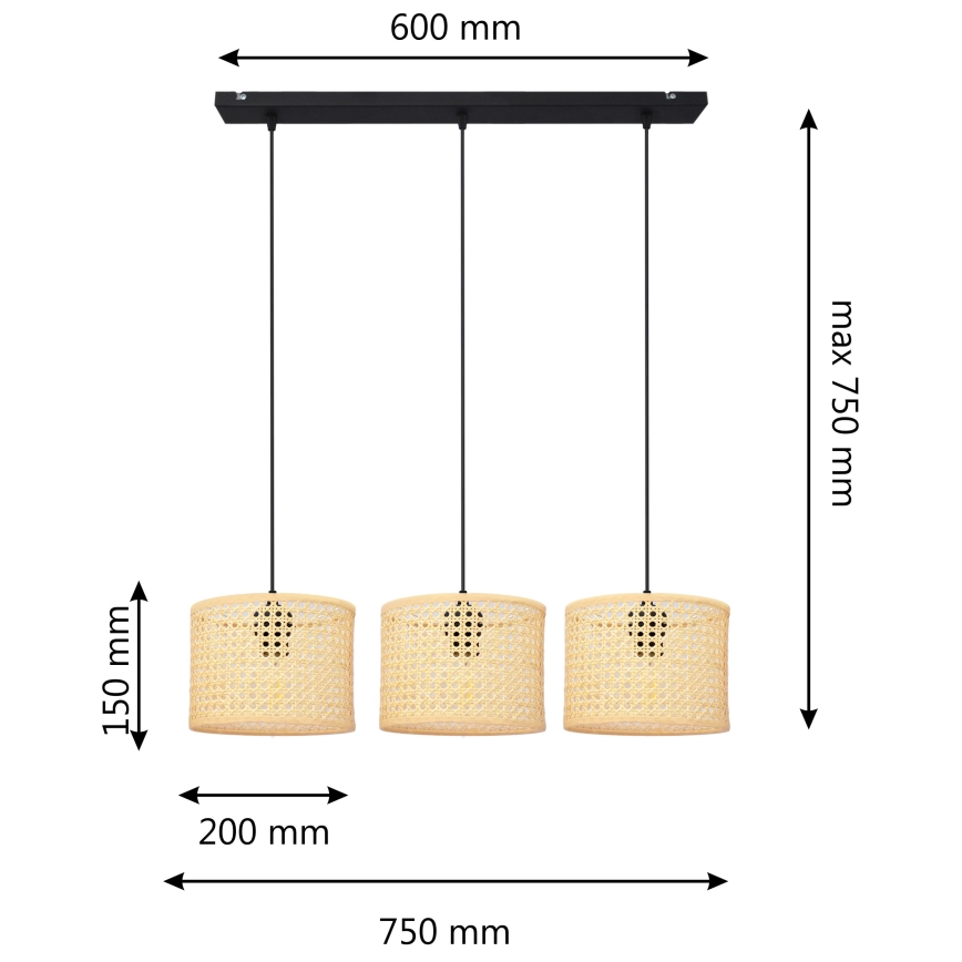 Κρεμαστό φωτιστικό οροφής ράγα ALBA 3xE27/15W/230V rattan/μαύρο