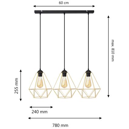 Κρεμαστό φωτιστικό οροφής ράγα KARO 3xE27/15W/230V χρυσαφί/μαύρο