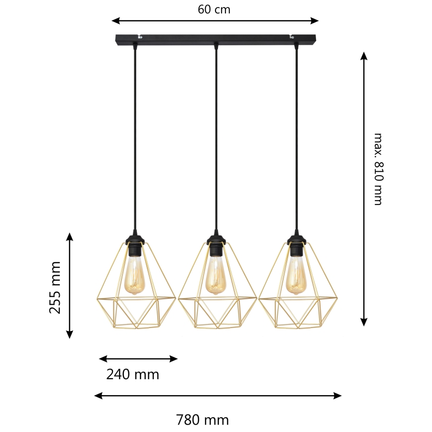 Κρεμαστό φωτιστικό οροφής ράγα KARO 3xE27/15W/230V χρυσαφί/μαύρο