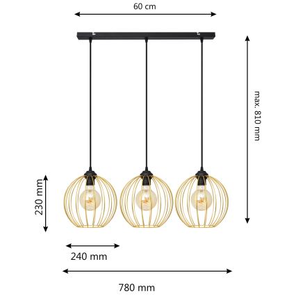 Κρεμαστό φωτιστικό οροφής ράγα MERCURE 3xE27/15W/230V χρυσαφί/μαύρο